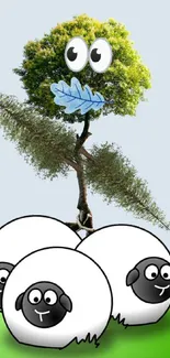 Cute mobile wallpaper with cartoon sheep and a whimsical tree.