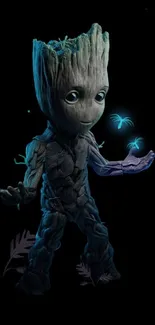 Cute tree creature glows in dark fantasy wallpaper.