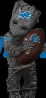 Cute character holding a football on a black background.