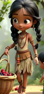 Cute animated tribal girl with basket in forest.