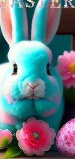 Turquoise bunny with flowers and Easter egg on phone wallpaper.