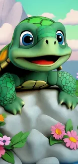 Cute cartoon turtle with flowers on a rock.