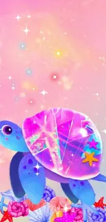 Vibrant turtle with galaxy shell on pink background.