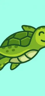 Cute green turtle on a light blue background, perfect for mobiles.