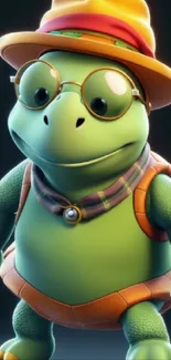 Cute cartoon turtle wearing a hat and glasses on a mobile wallpaper.