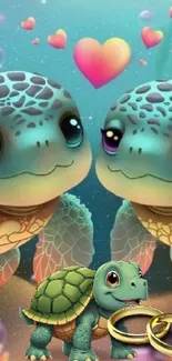 Cute turtles with hearts and rings in a colorful underwater scene.