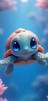 Cartoon turtle swimming in the ocean surrounded by pink coral.