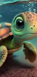 Cute turtle swimming underwater with a serene expression.