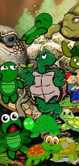 Cute turtle montage on a lush green forest background for mobile wallpaper.