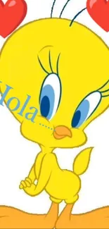Cute Tweety Bird with hearts and 'Hola' text.