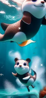 Animated cute animals swim in a teal ocean backdrop.