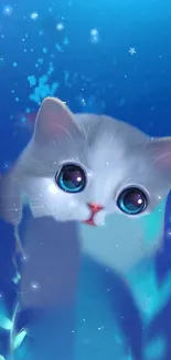 Cute cat with large eyes in an underwater scene wallpaper.