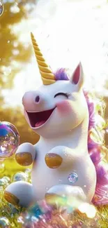 Adorable unicorn with bubbles in a garden.