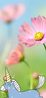 Adorable unicorn with pink flowers on a light blue background.