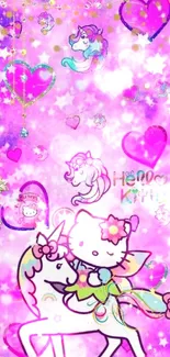 Cute unicorn and kitty on vibrant pink background.