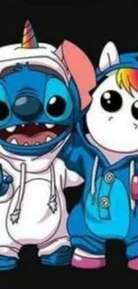 Cartoon unicorn and Stitch in vibrant costumes.