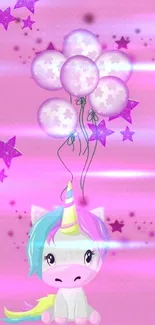 Cute unicorn with balloons on a pink background.