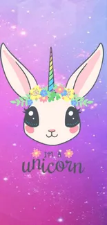 Adorable unicorn bunny with floral crown on a purple gradient background.