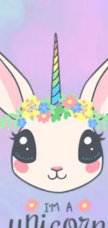 Cute unicorn bunny with floral headband on pastel background.