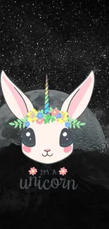 Adorable unicorn bunny with floral crown on cosmic background.