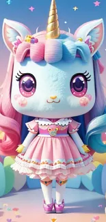 Cute pastel unicorn cartoon wallpaper with colorful design.