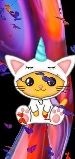 Cute cat dressed as a unicorn on a vibrant abstract background.