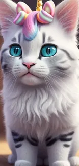 Fluffy white kitten with unicorn horn and blue eyes.