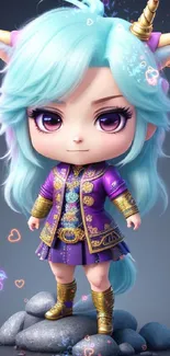 Cute unicorn character with teal hair and purple outfit on a rock.