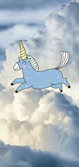 Cute blue unicorn jumps over fluffy clouds in a whimsical mobile wallpaper.