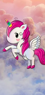 Adorable pink-maned unicorn soaring over puffy pastel clouds.