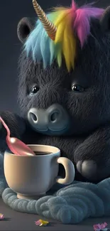 Cute black unicorn with rainbow mane drinking coffee under a blanket.