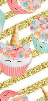 Adorable unicorn cupcakes with flowers in pastel hues and gold stripes.