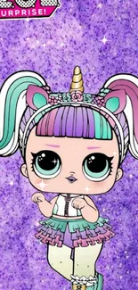 Cartoon unicorn doll on purple background.