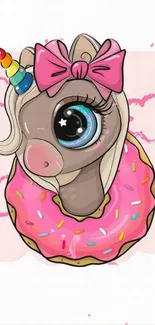 Cute unicorn with a donut body and rainbow horn on a pastel background.