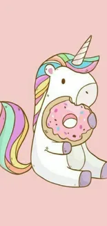 Pastel pink mobile wallpaper with unicorn holding a donut.