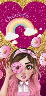 Mobile wallpaper with unicorn heart and donuts on a pink-gold background.