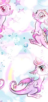 Cute unicorn dragon wallpaper with stars and rainbows on a pastel sky background.