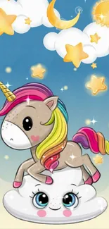 Cute unicorn with rainbow mane on a cloud background.