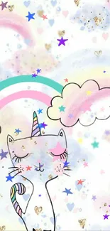 Adorable unicorn with rainbow, stars, and clouds in a pastel-themed wallpaper.