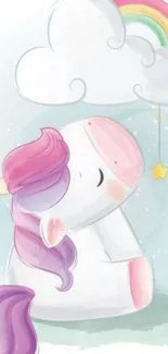 Pastel unicorn with rainbow and stars phone wallpaper.