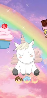 Cute unicorn with rainbow and sweets in pastel sky wallpaper.