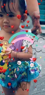 Girl with unicorn, rainbow, and hearts wallpaper.