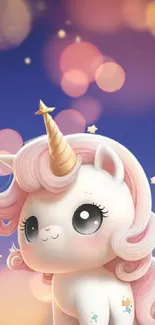 Cute unicorn with pink mane and golden horn in a bokeh background.