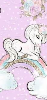 Cute unicorn on pastel rainbow with clouds and flowers wallpaper.