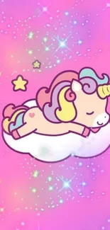 Cute unicorn resting on cloud with pink sparkly background.