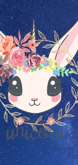 Cute unicorn with floral crown on navy blue background.