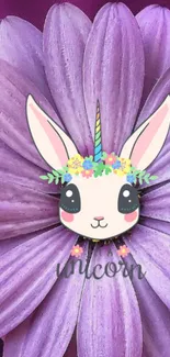 Cute unicorn on a purple flower background, whimsical design.