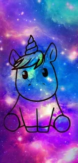 Hand-drawn cute unicorn on a galaxy background with stars.