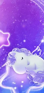 A cute unicorn on a purple galaxy background with glowing stars.