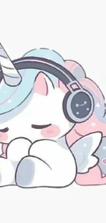 Cute unicorn with headphones in pastel colors on mobile wallpaper.